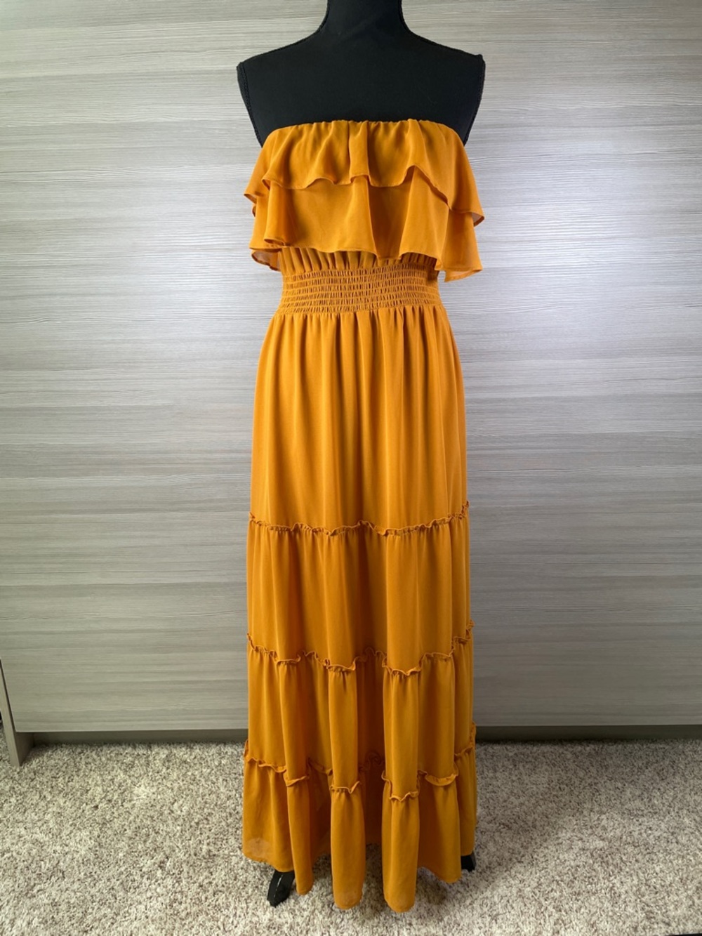 Strapless Chiffon Ruffle Tiered Maxi Dress - Smock Stretch Waist- Mustard XL